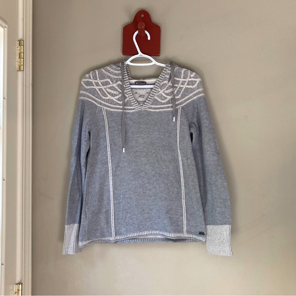 Eddie Bauer Grey V Neck White Embroidered Pullover Hoodie PS